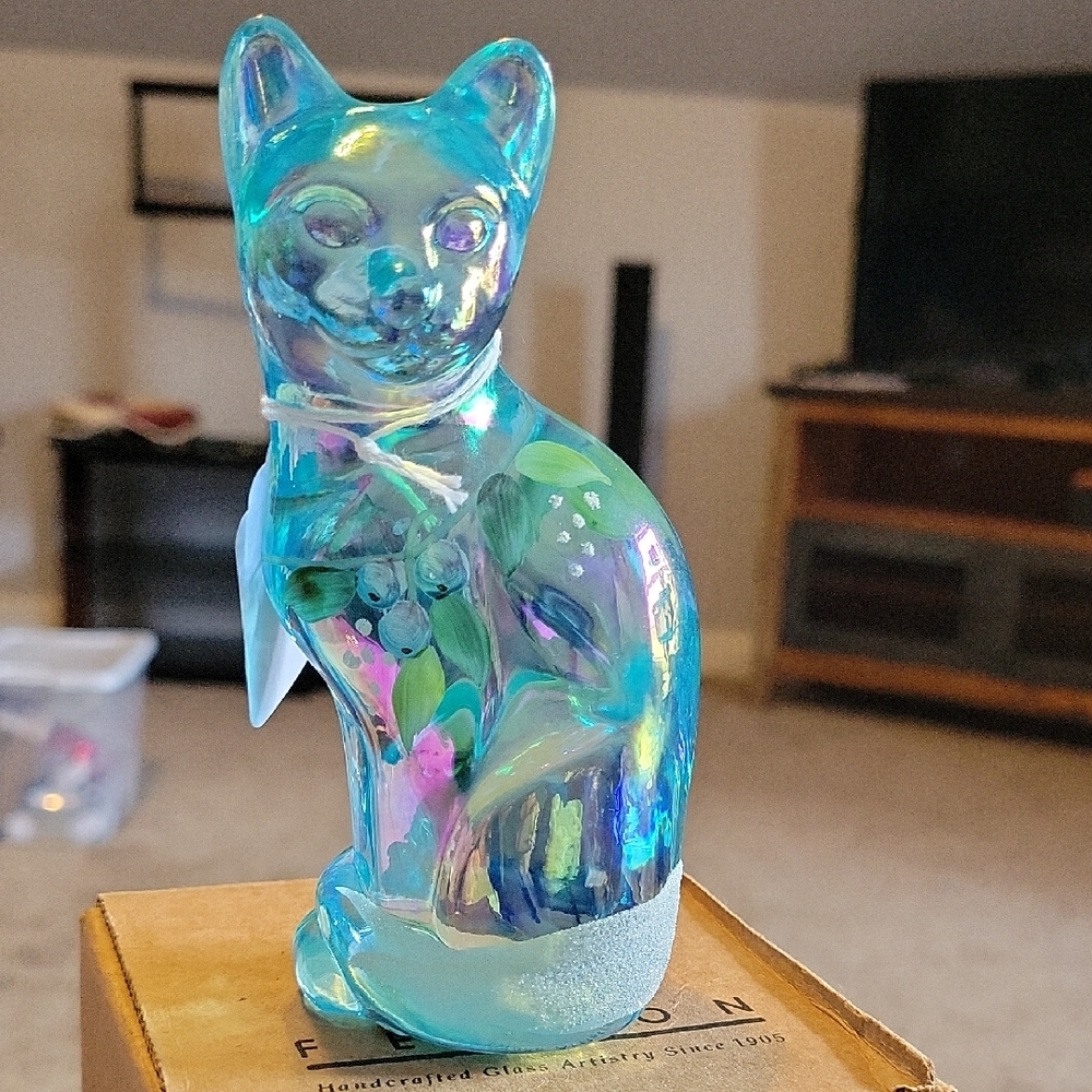 FENTON Iridescent Blue Glass Cat Figurine